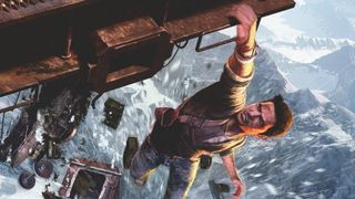 Uncharted screenshot showing Nathan Drake handing from a falling train track in the snowy mountains