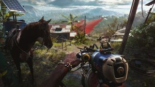 A character riding a mechanical beast in Horizon Forbidden West, highlighting stunning visuals.