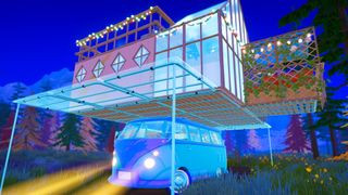 An Outbound screenshot showing a campervan at night with a hole base folding out the top.