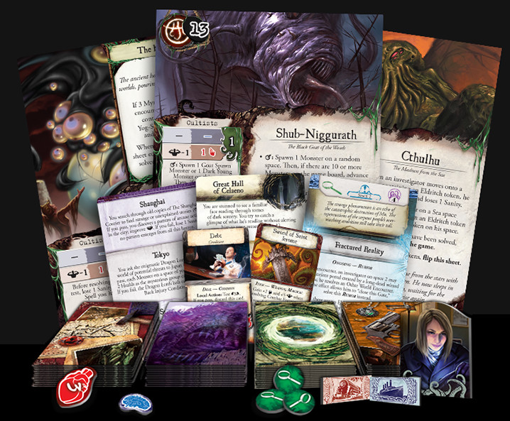 Cards and tokens from Eldritch Horror