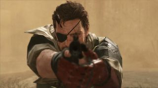 Metal Gear Solid 5: The Phantom Pain screenshot of a man with an eye patch aiming a pistol down the camera