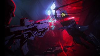 The intense action of Ghostrunner 2 is captured as the Runner, armed with a katana, confronts an armed enemy in a neon-drenched environment.