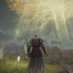 A Tarnished gazes at the Erdtree from a Site of Grace, showcasing the vast world available from the game's start