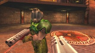 A player holding a gun and wearing green armour during Quake 3 Arena, one of the best Dreamcast games.