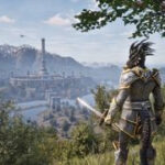 An Argonian in silver armor looks out over a large island city