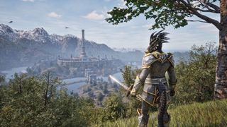 An Argonian in silver armor looks out over a large island city