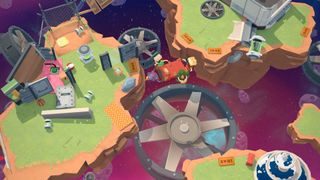 A cluttered map of three floating islands covered in junk from the game Moving Out.