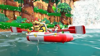 Bowser, Mario, and Yoshi on a raft in Super Mario Party