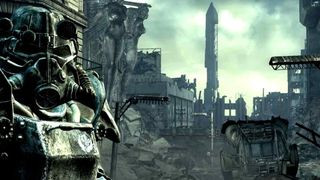 Power armor and the ruined city in Fallout 3, showcasing the game's iconic imagery and open-world environment.
