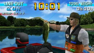 A blonde man holding up a fish in a red boat during Sega Bass Fishing, one of the best Dreamcast games.