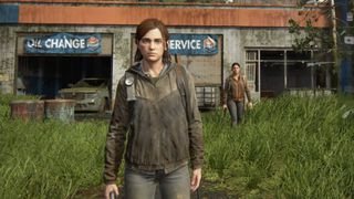 Ellie in The Last of Us 2 holding a weapon in a dark environment