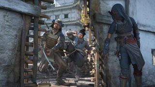 Naoe hides behind a wall as an ally takes down a sword-wielding enemy