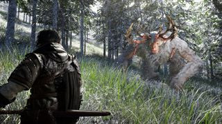 A Crimson Desert screenshot showing Macduff fighting a hairy monster.