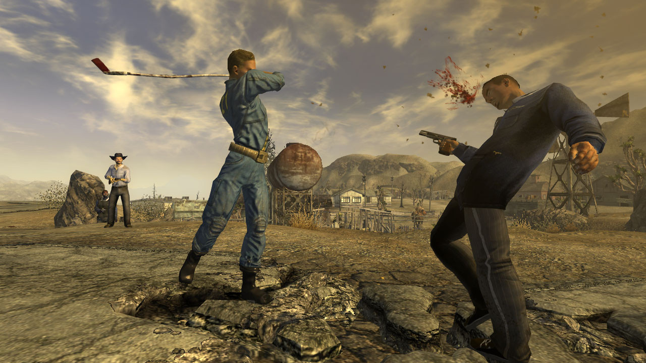 A man in a blue Vault-Tec suit bludgeoning an enemy character in the head with a 9-iron golf club in Fallout: New Vegas