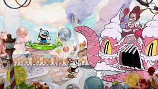 Cuphead sceenshot of the Cupheads in a candy-themed world confronting a sentient pink castle, with an angry woman raising her fist at the duo angrily from on top.
