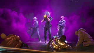 A group of players walking out of purple smoke in the upcoming PS5 game, Fairgames.