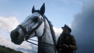 Arthur Morgan in Red Dead Redemption 2 riding his horse through a forest