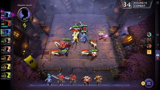 Dota Underlords screenshot showing an aerial view of all the characters on screen, including health bars and two side toolbars, illustrating the strategic depth of the game