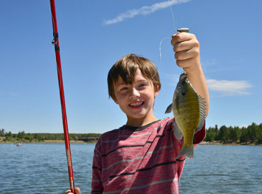 A young boy proudly displaying a fish he caught, holding it up for a photo during an AZ Game and Fish fishing event.