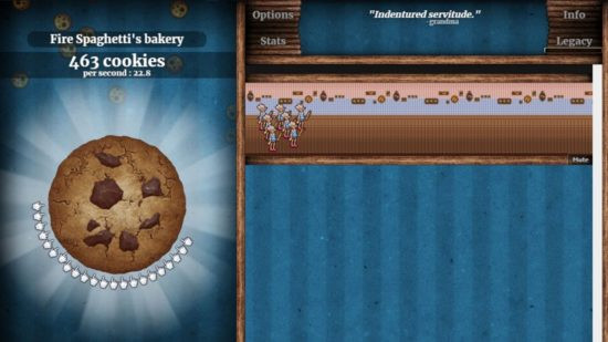 Online games Cookie Clicker Image shows a giant cookie and some cookie production