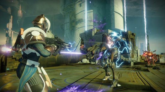 A character in armour firing a gun at a monster in Destiny 2, which has classes.