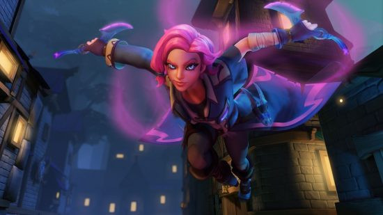 A lady jumping and holding two knives. She has vibrant hair in Paladins.