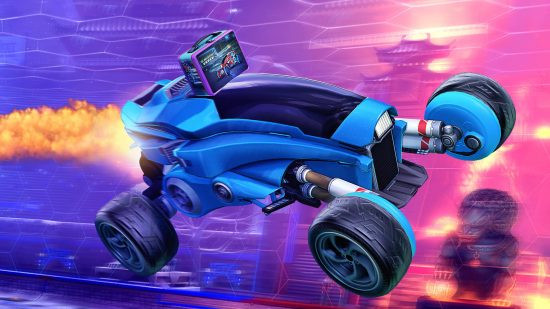 A blue and black Rocket League car races across a purple and red background.