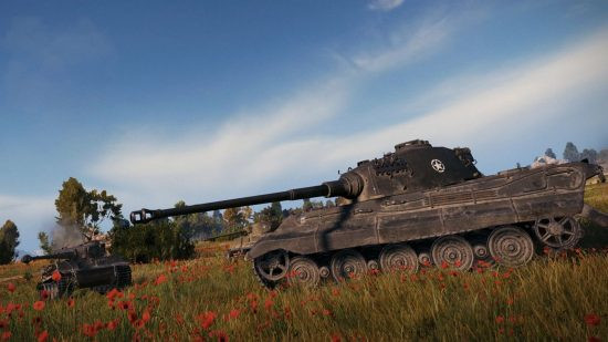 A tank stands in a field in World of Tanks, one of the most popular tank games on PC, representing the accessible yet complex gameplay.