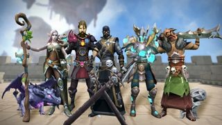 Runescape screenshot showing five characters: an elven woman, a brunette man with a beard, a hooded man, an armored man, and a man with a helmet on holding a weapon behind his shoulders, highlighting the game's diverse character customization options