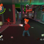 Fry's unfortunate encounter with a stack of objects in Futurama PS2 game, leading to comical re-animation