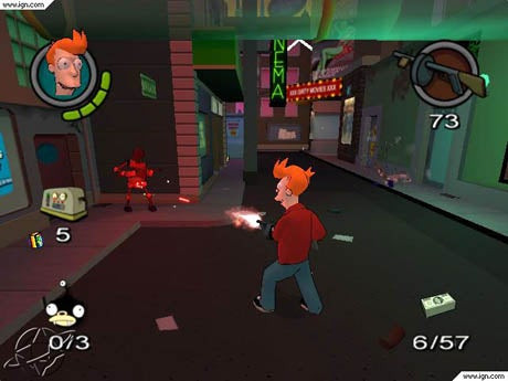 Fry's unfortunate encounter with a stack of objects in Futurama PS2 game, leading to comical re-animation