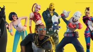 Fortnite screenshot of a host of playable characters in front of a yellow background
