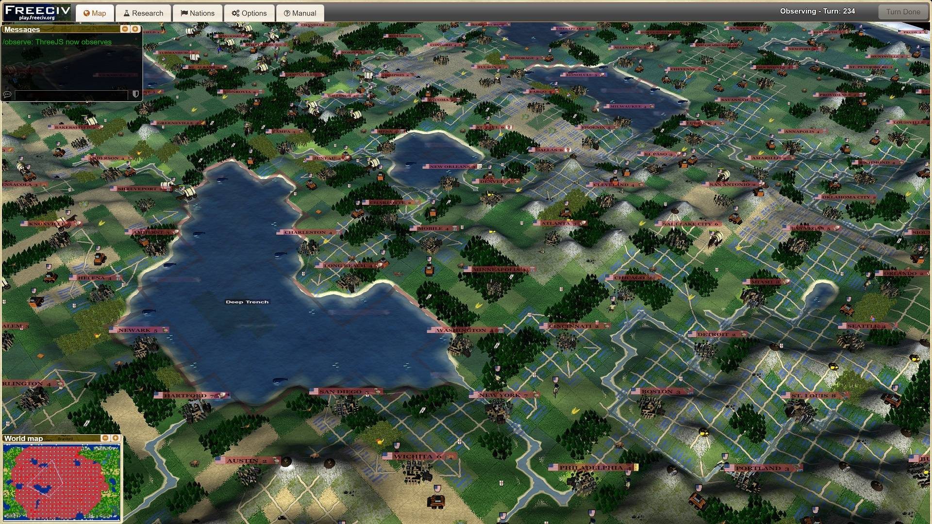 Freeciv top-down sample shot of cities and greenery