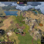 Old World city with mountains and HUD showing resources
