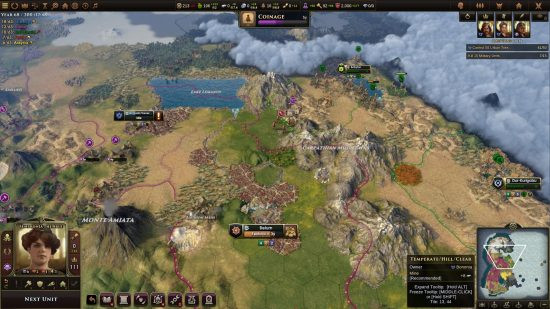 Old World city with mountains and HUD showing resources