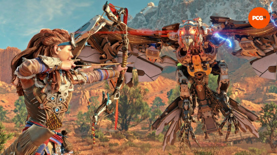 Aloy aims at a Stormbird in Horizon Zero Dawn, blending futuristic elements with monster hunting.