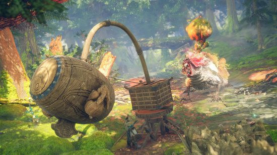 A hunter battles a giant plant-like rat in Wild Hearts.