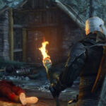 A white haired man holds a torch over a dead body