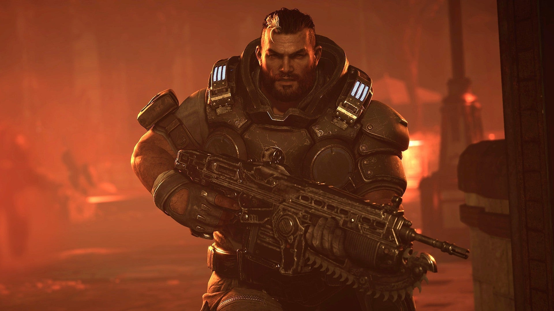 An armored man wielding a gun