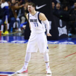 Luka Doncic celebrates during the Mexico City game from 2019