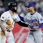 Mookie Betts #50 of the Los Angeles Dodgers in action against Alex Verdugo #24 of the New York Yankees at Yankee Stadium on June 08, 2024 in New York City