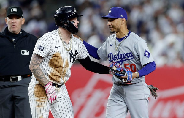 Mookie Betts #50 of the Los Angeles Dodgers in action against Alex Verdugo #24 of the New York Yankees at Yankee Stadium on June 08, 2024 in New York City