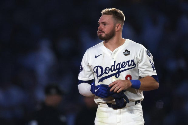 Gavin Lux #9 of the Los Angeles Dodgers reacts after grounding out in the seventh inning against the New York Yankees during Game One of the 2024 World Series at Dodger Stadium on October 25, 2024 in Los Angeles, California