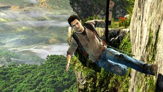 Uncharted: Golden Abyss gameplay on PS Vita showing exploration and action in a lush environment.