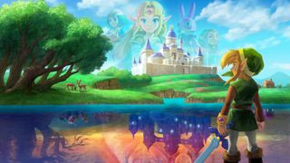 Link looking out towards a castle in Hyrule with Zelda