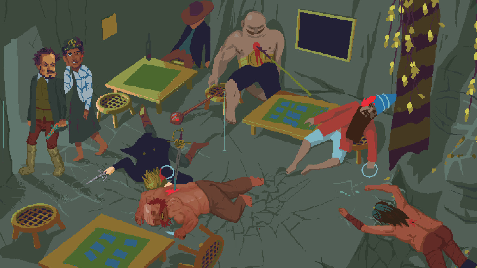 A screenshot from The Case of the Golden Idol’s expansion “The Spider of Lanka.” It shows a bloody scene in which two men are leaving a room that has six deceased people in it.