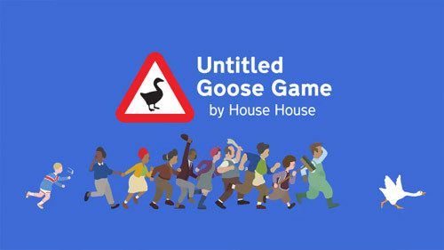 Untitled Goose Game gameplay featuring a goose causing mischief in a town