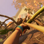 First-person perspective of a suburban house in the background, fall leaves on a tree nearby, and a relatively giant spider approaching the player, who is holding a makeshift bow and arrow, ready to fire.