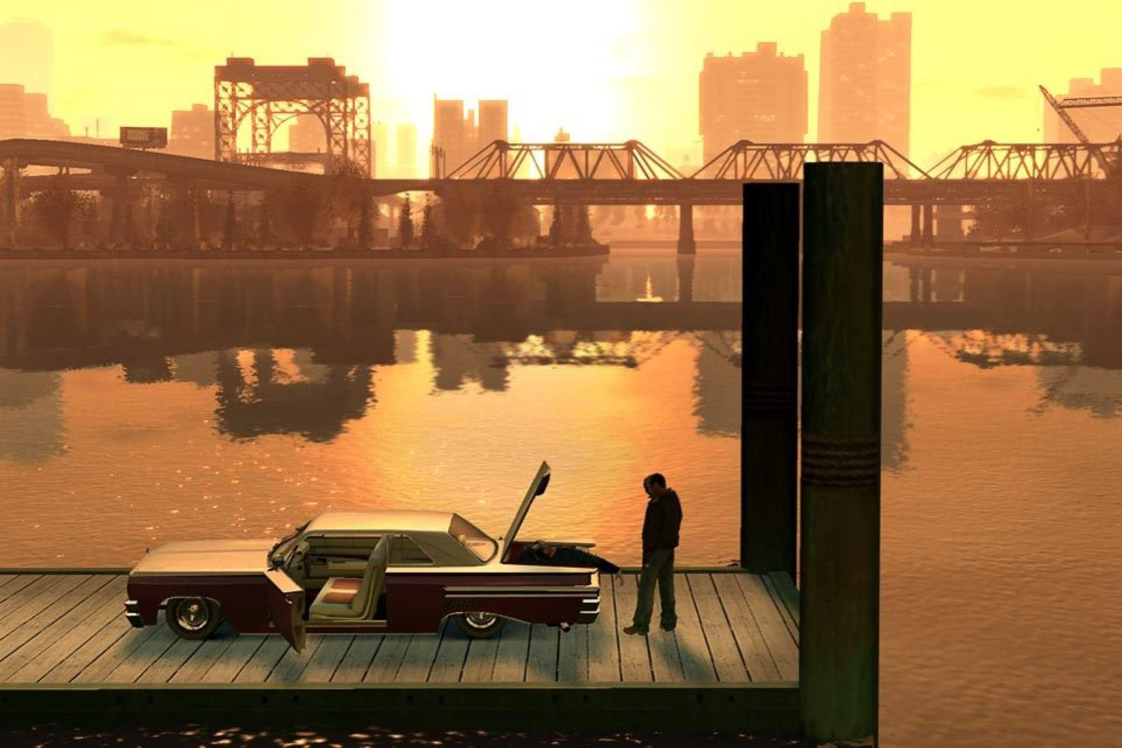 GTA 4 showing a man looking in the boot of his car at sunset