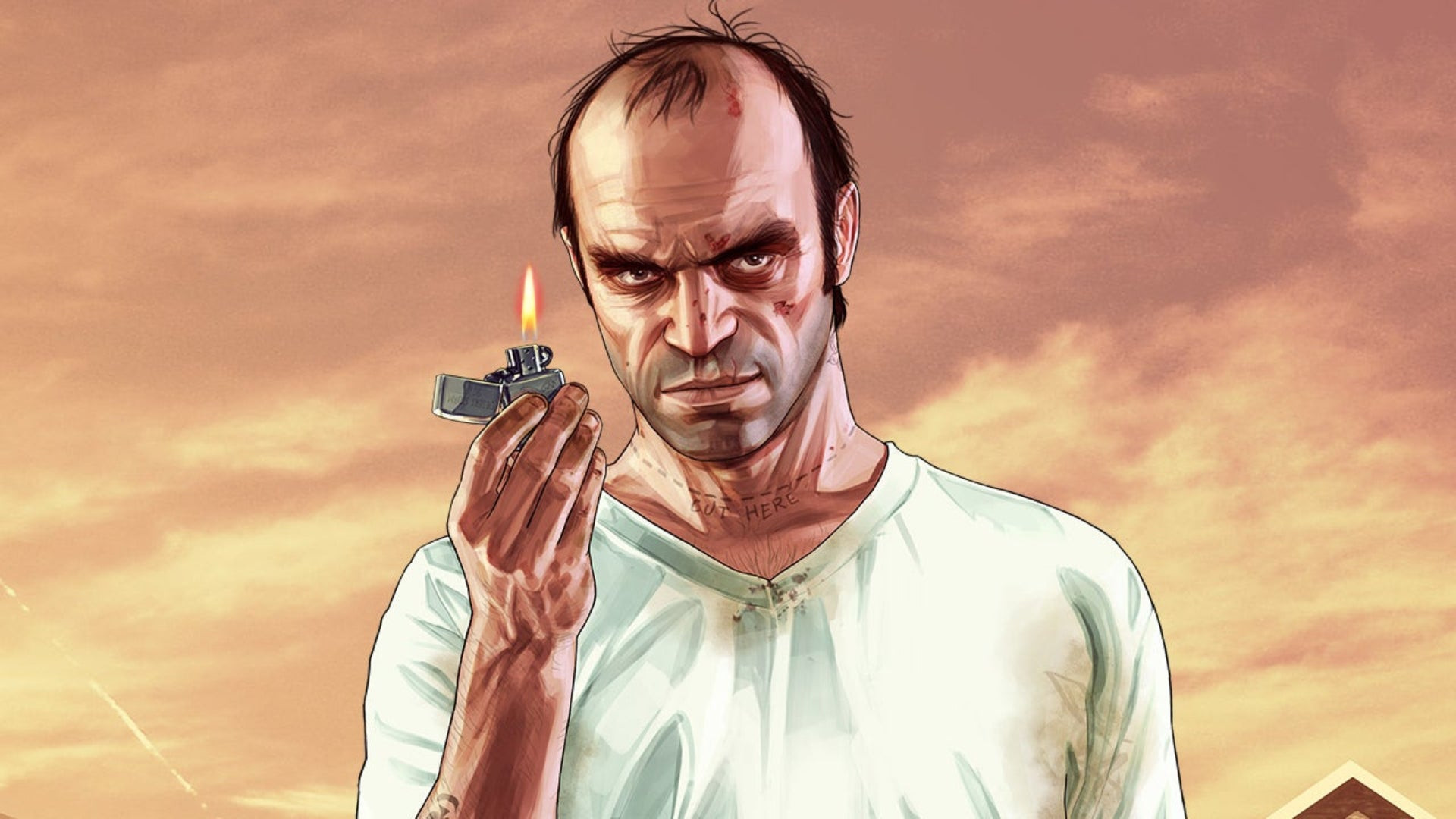 Trevor holds a lit lighter in Grand Theft Auto 5